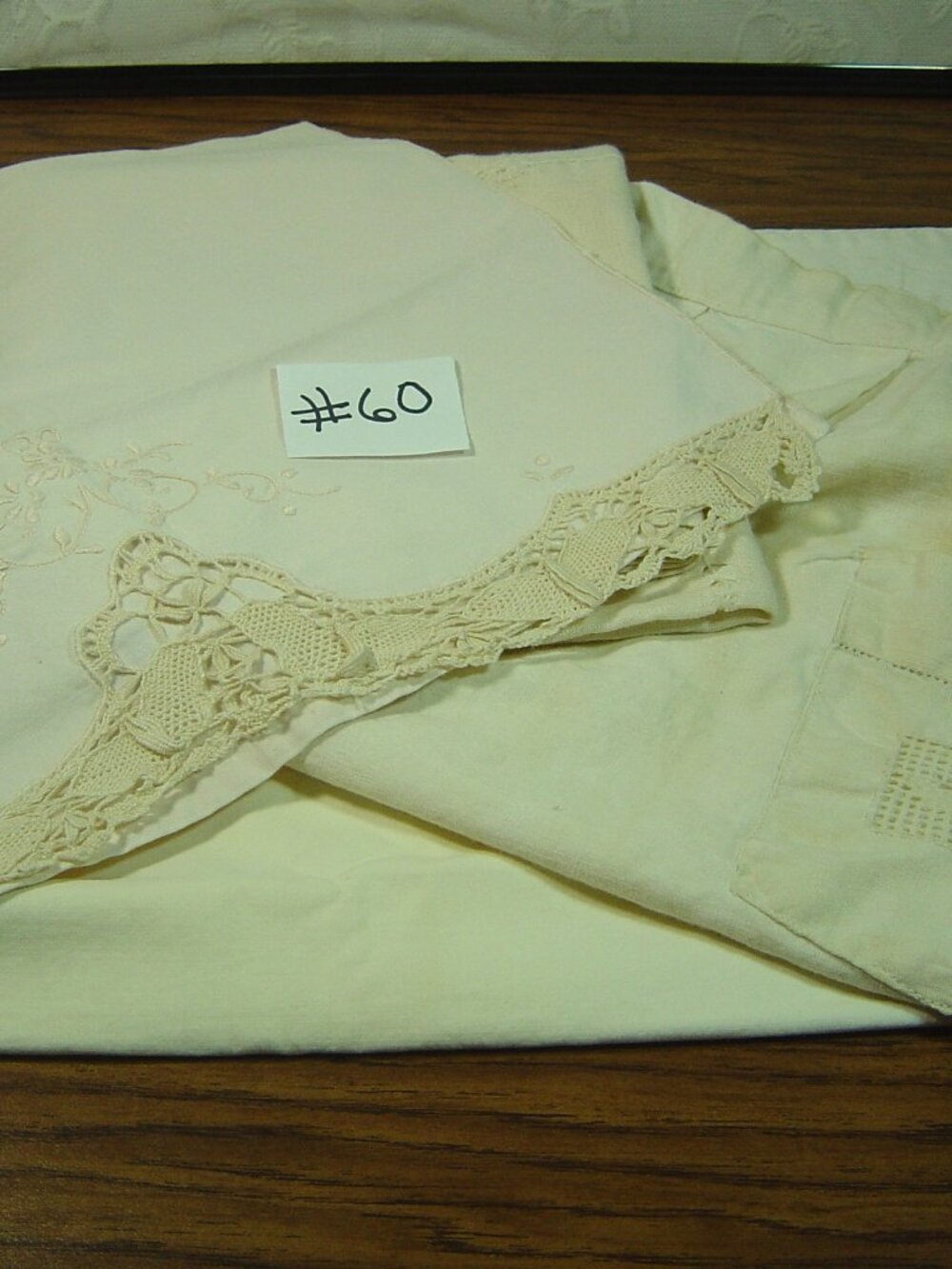 Lot of 5 vintage ivory colored linens-in "as is" condition as cutters